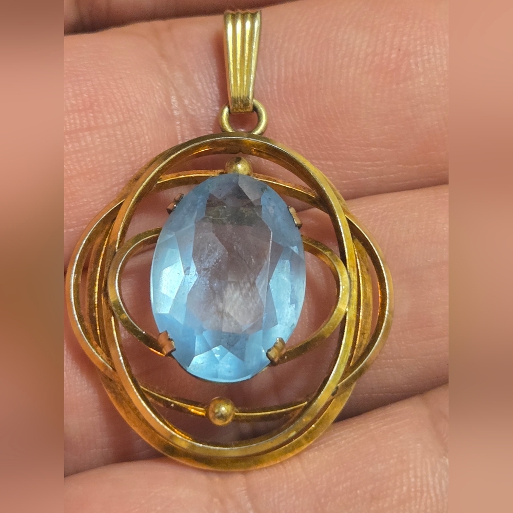 Pendentif Ancien Plaque Or Pierre De Verre Bleue
